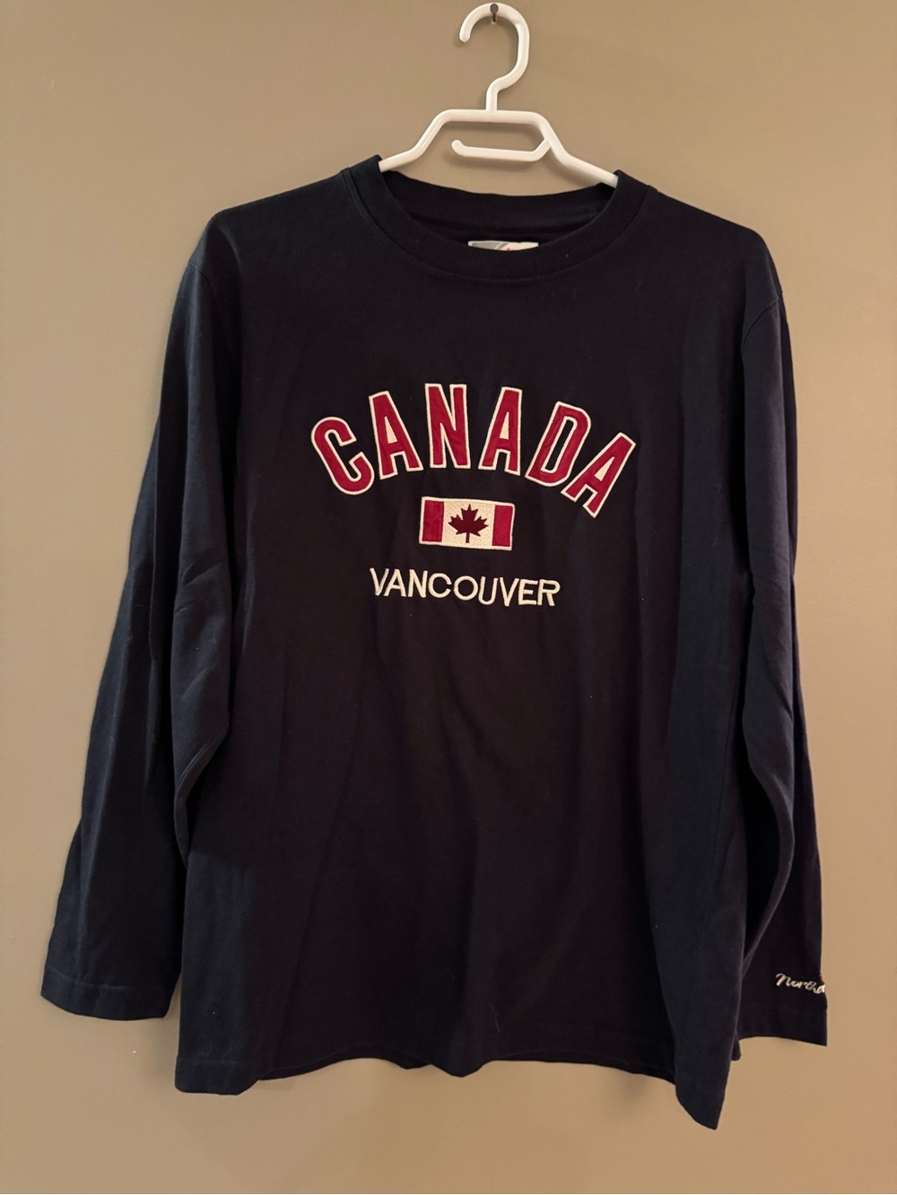 UNISEX Canada Vancouver Long Sleeve Tee - Navy with Red & White Embroidered Logo
